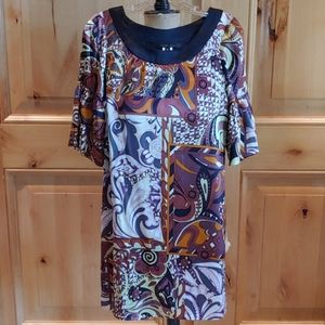 NWOT 100% Silk Brown Print Bell Sleeve Dress